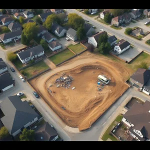 Residential neighborhood near construction site for a gas station with community protest signs.