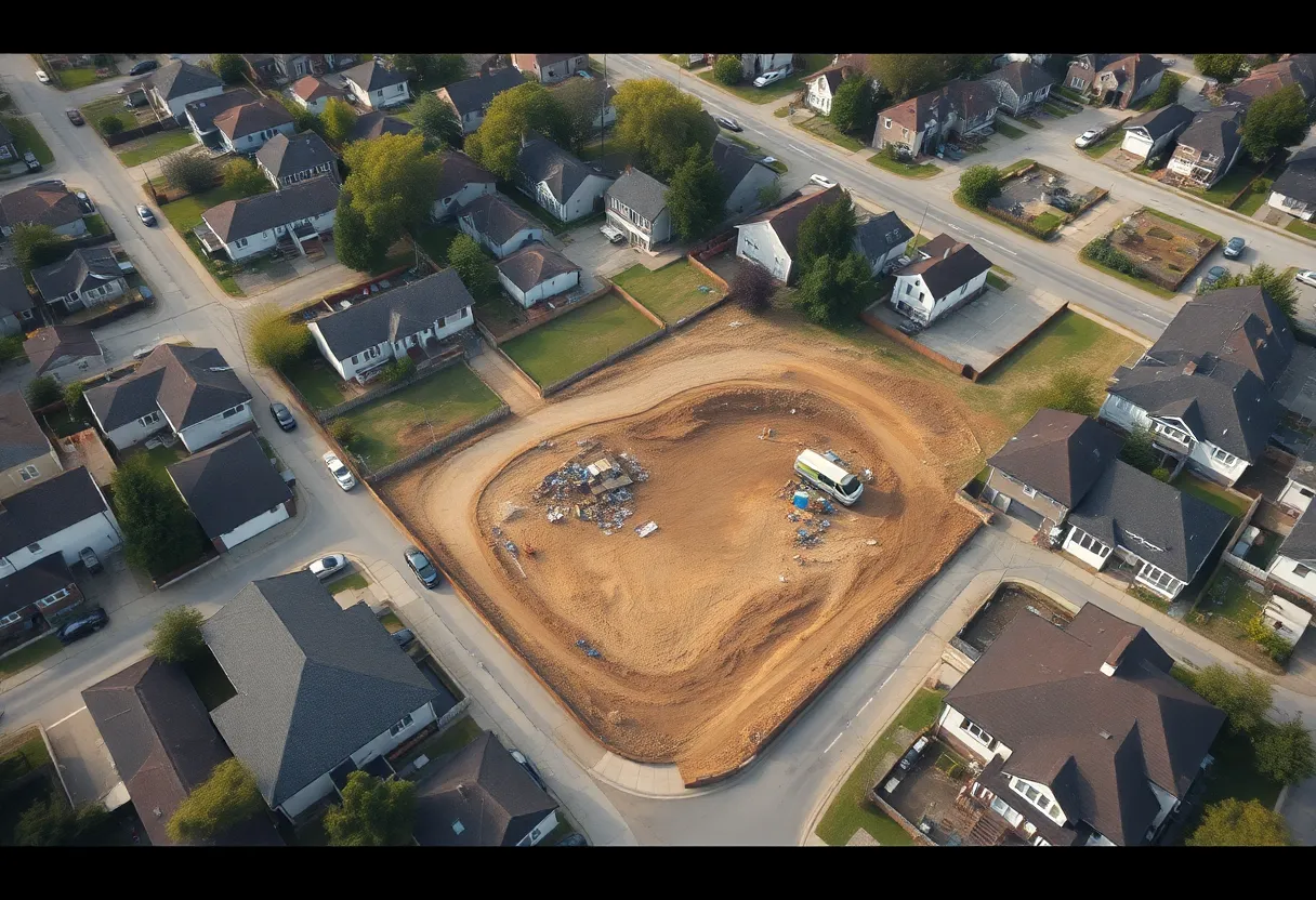 Residential neighborhood near construction site for a gas station with community protest signs.