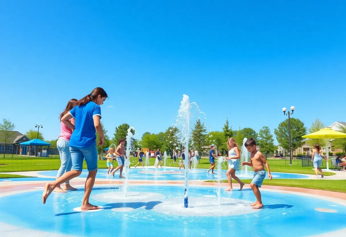 Families enjoying splash pads in a park during a heat advisory.