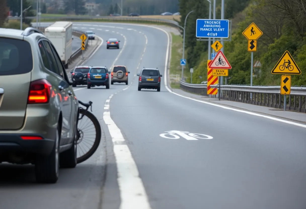 Scene of a road with bicycle lane and damaged vehicle.