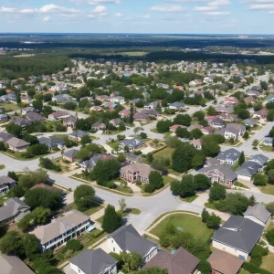 Aerial view of Tallahassee displaying residential neighborhoods with homes and new constructions.