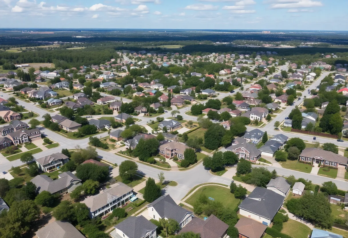 Aerial view of Tallahassee displaying residential neighborhoods with homes and new constructions.
