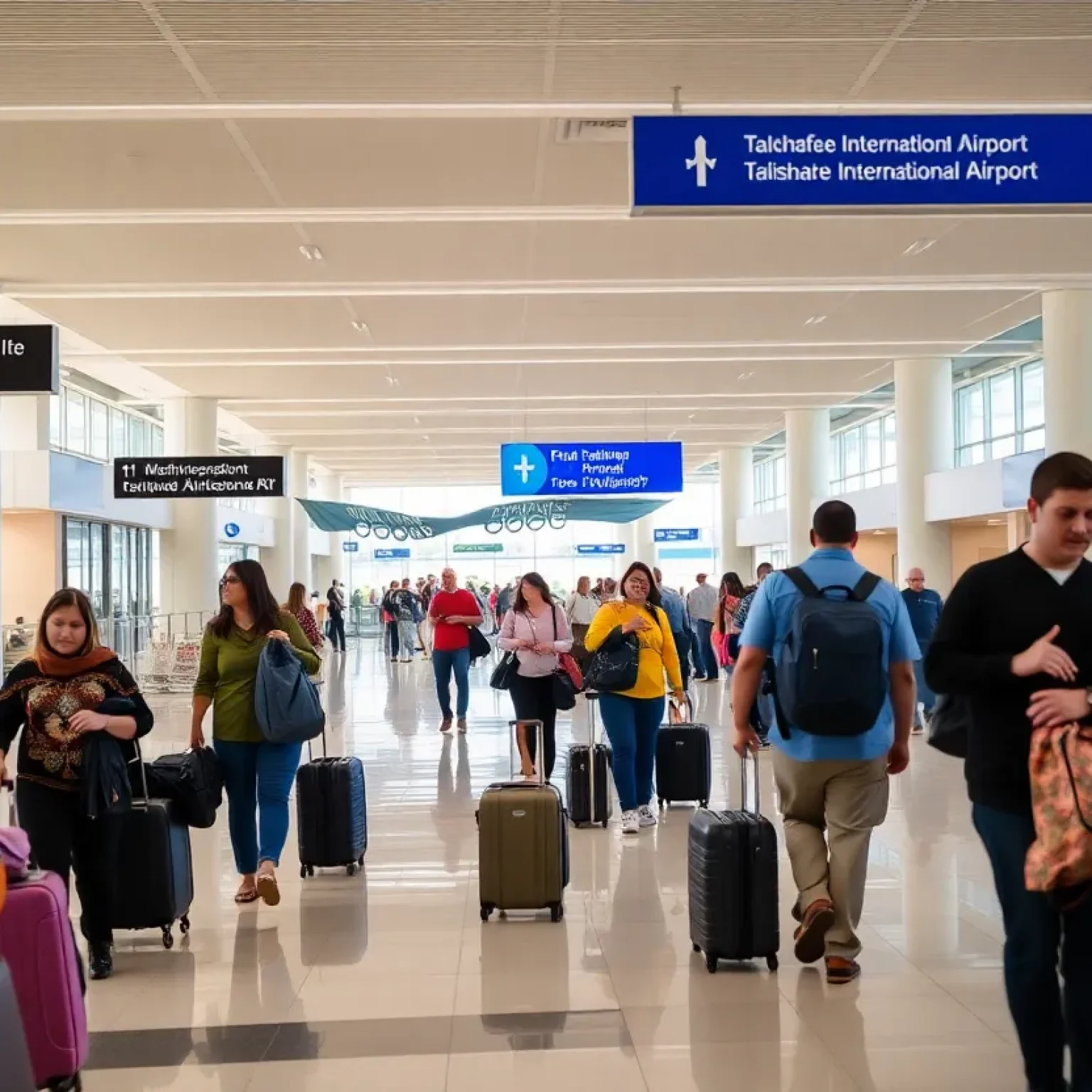 Busy terminal at Tallahassee International Airport with travelers
