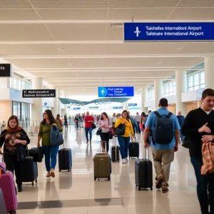 Busy terminal at Tallahassee International Airport with travelers
