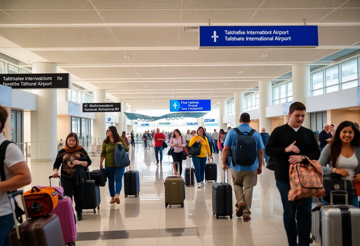 Busy terminal at Tallahassee International Airport with travelers