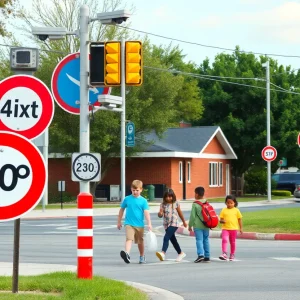 Traffic camera in a school zone with children crossing the street safely