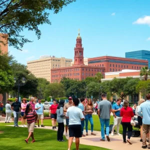 Vibrant city view of Tallahassee with community interactions