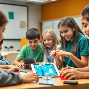 Students engaged in interactive learning in a classroom.