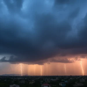 Dark storm clouds gathering over Tallahassee city skyline