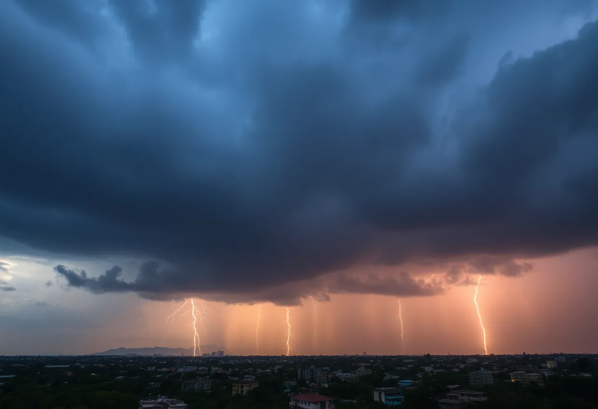 Dark storm clouds gathering over Tallahassee city skyline