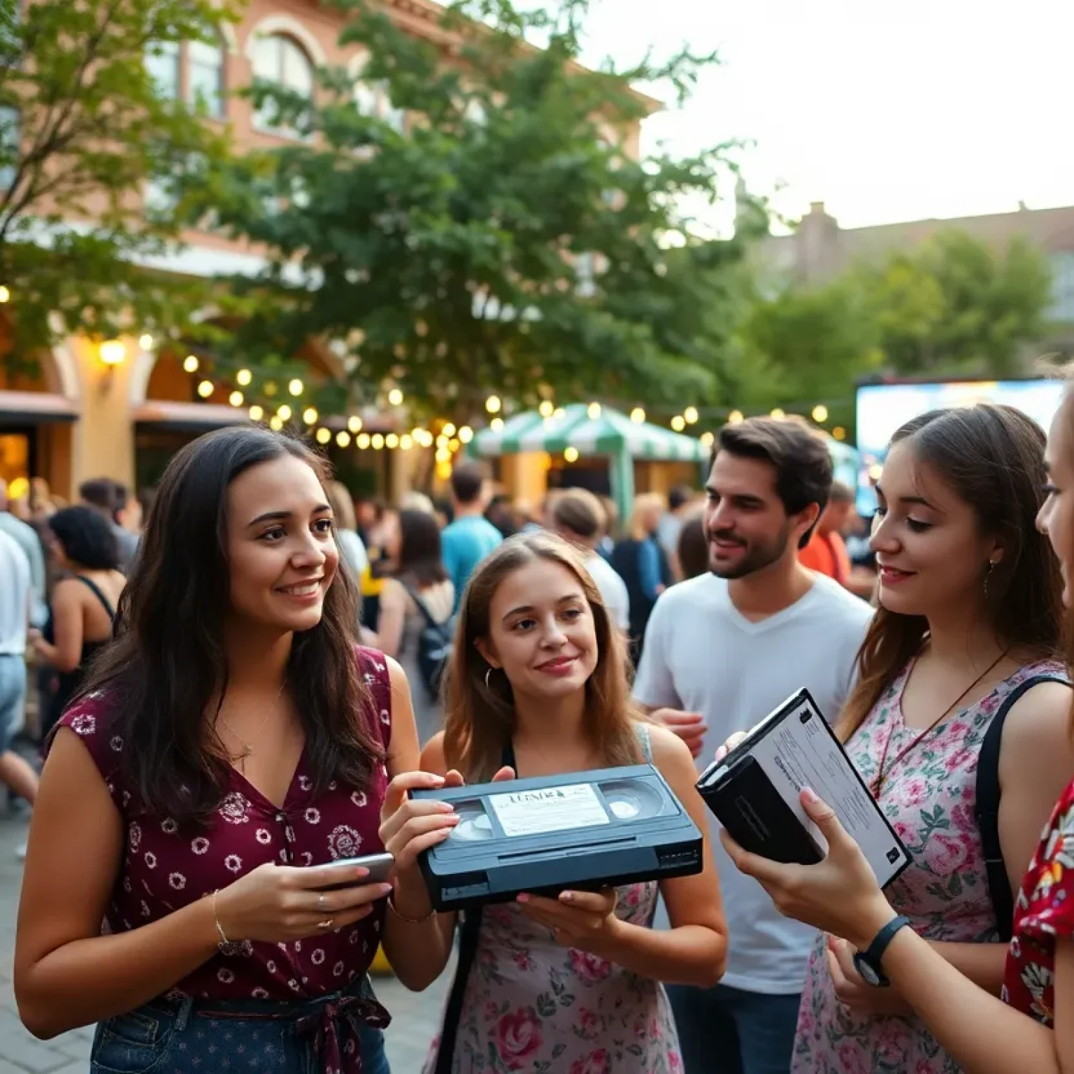 Attendees enjoying the VHS Fest at Cap City Video Lounge with vintage tapes and outdoor screenings.