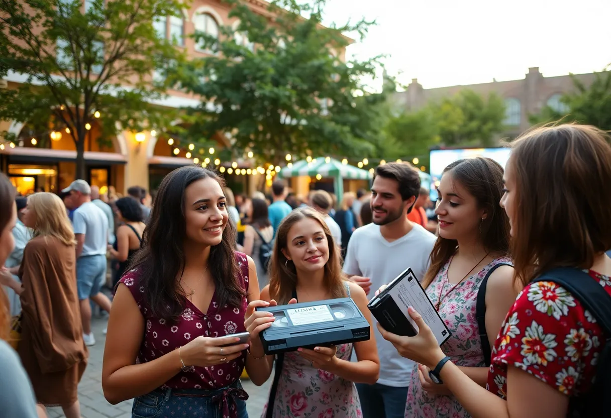 Attendees enjoying the VHS Fest at Cap City Video Lounge with vintage tapes and outdoor screenings.