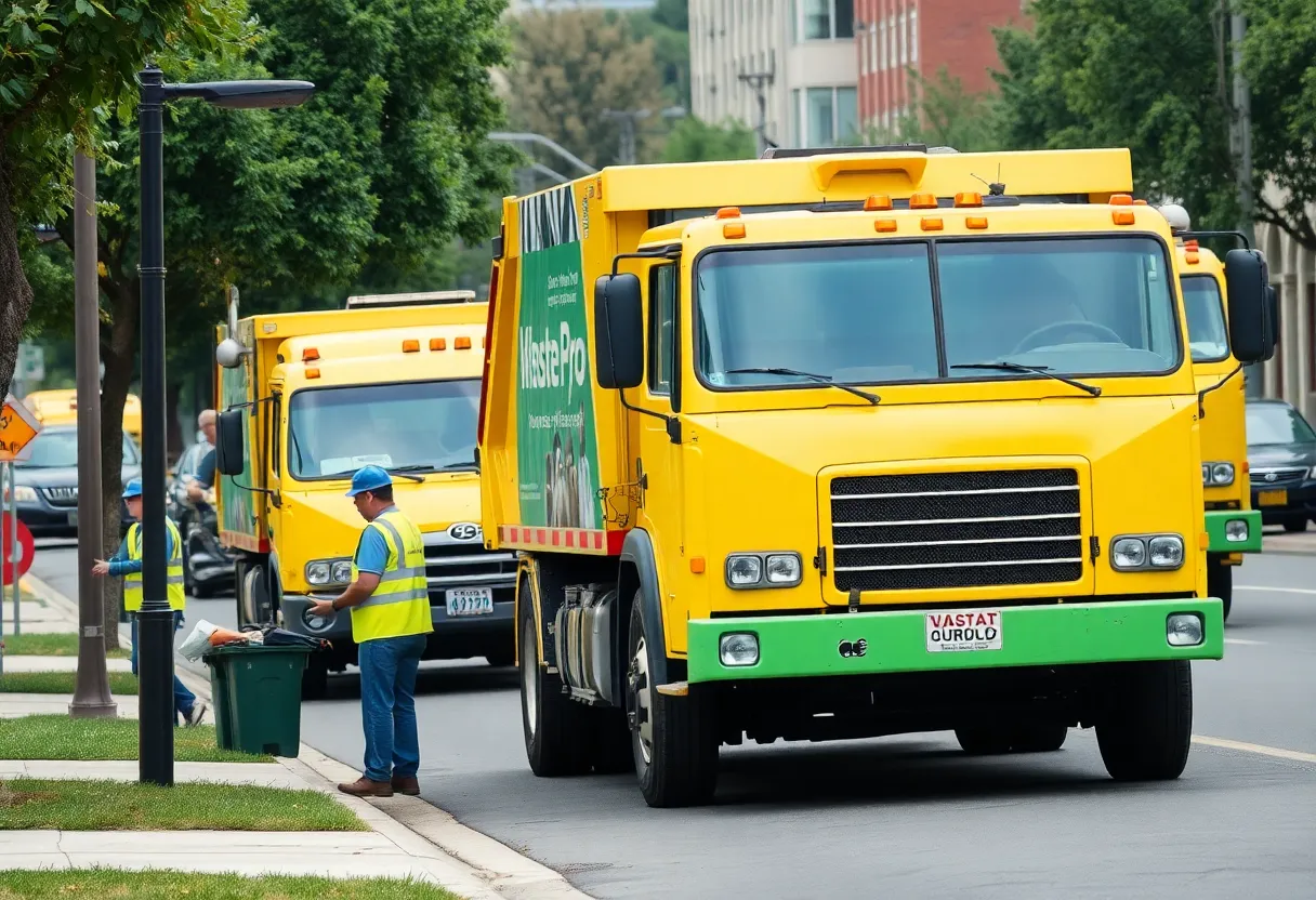Waste Pro trucks collecting waste in a residential area