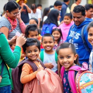 Children at the Woodville Back-to-School Giveaway receiving haircuts and supplies