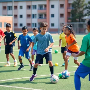 Diverse group of young athletes practicing various sports on a school field.