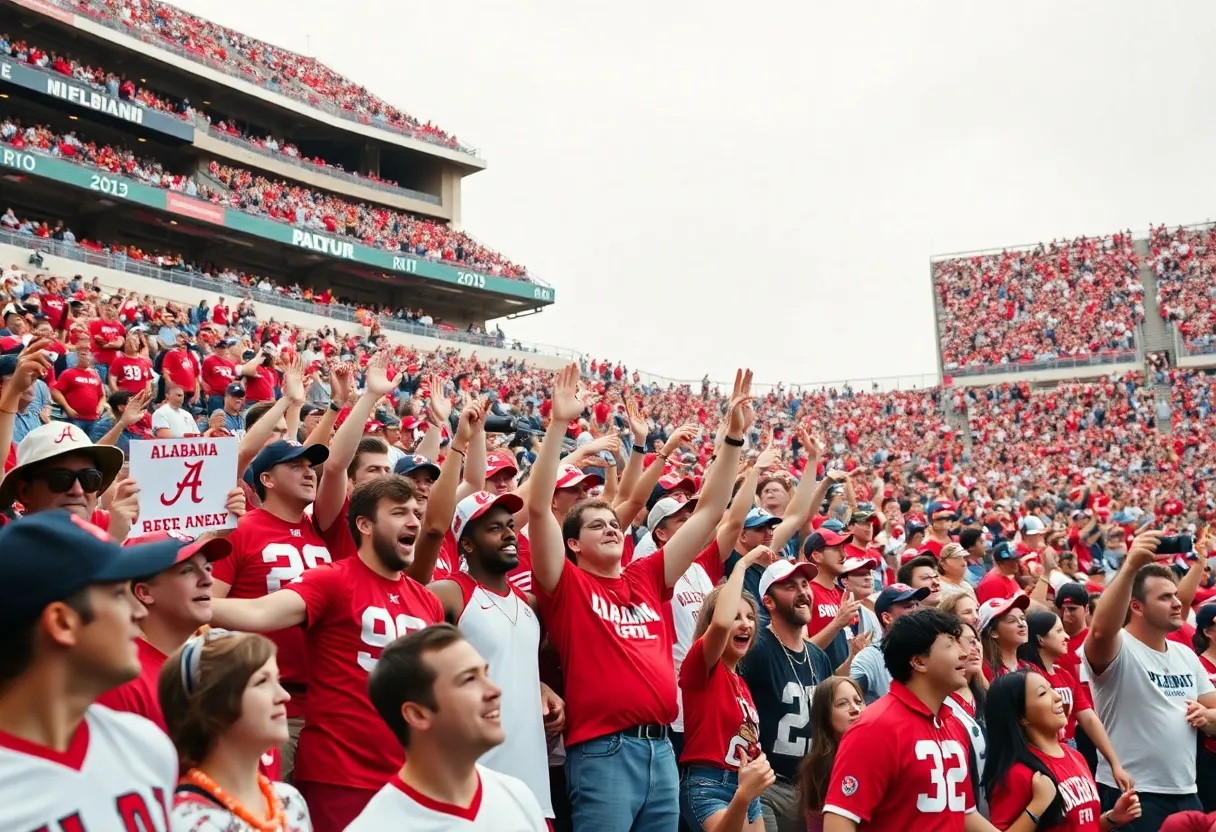 Fans cheering for Alabama and Florida State at a college football game