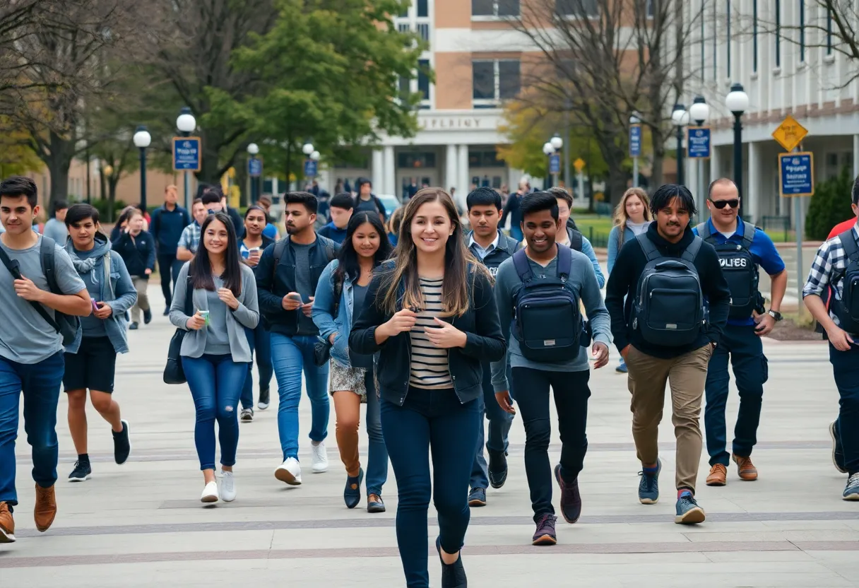 Students on a university campus with police presence