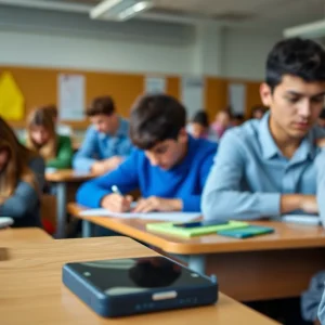 Students in a classroom adhering to cell phone regulations