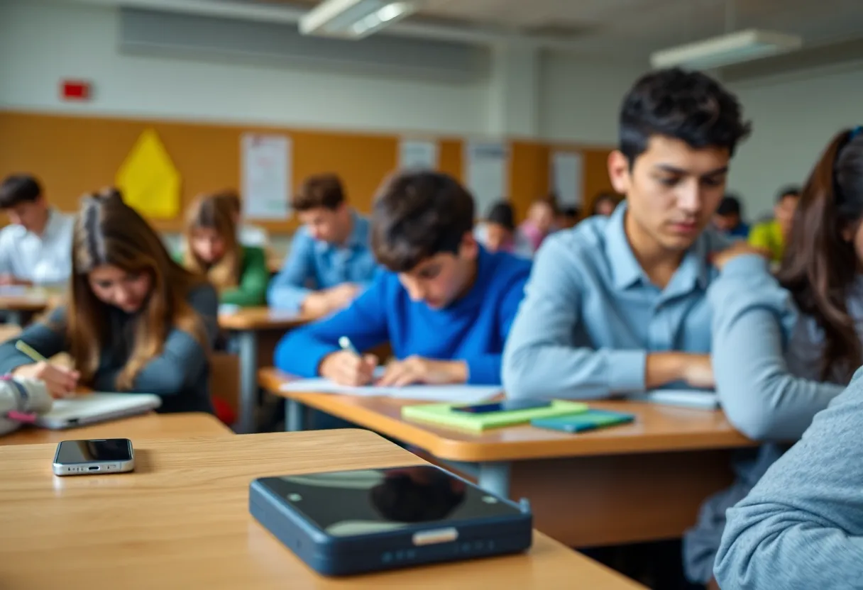 Students in a classroom adhering to cell phone regulations