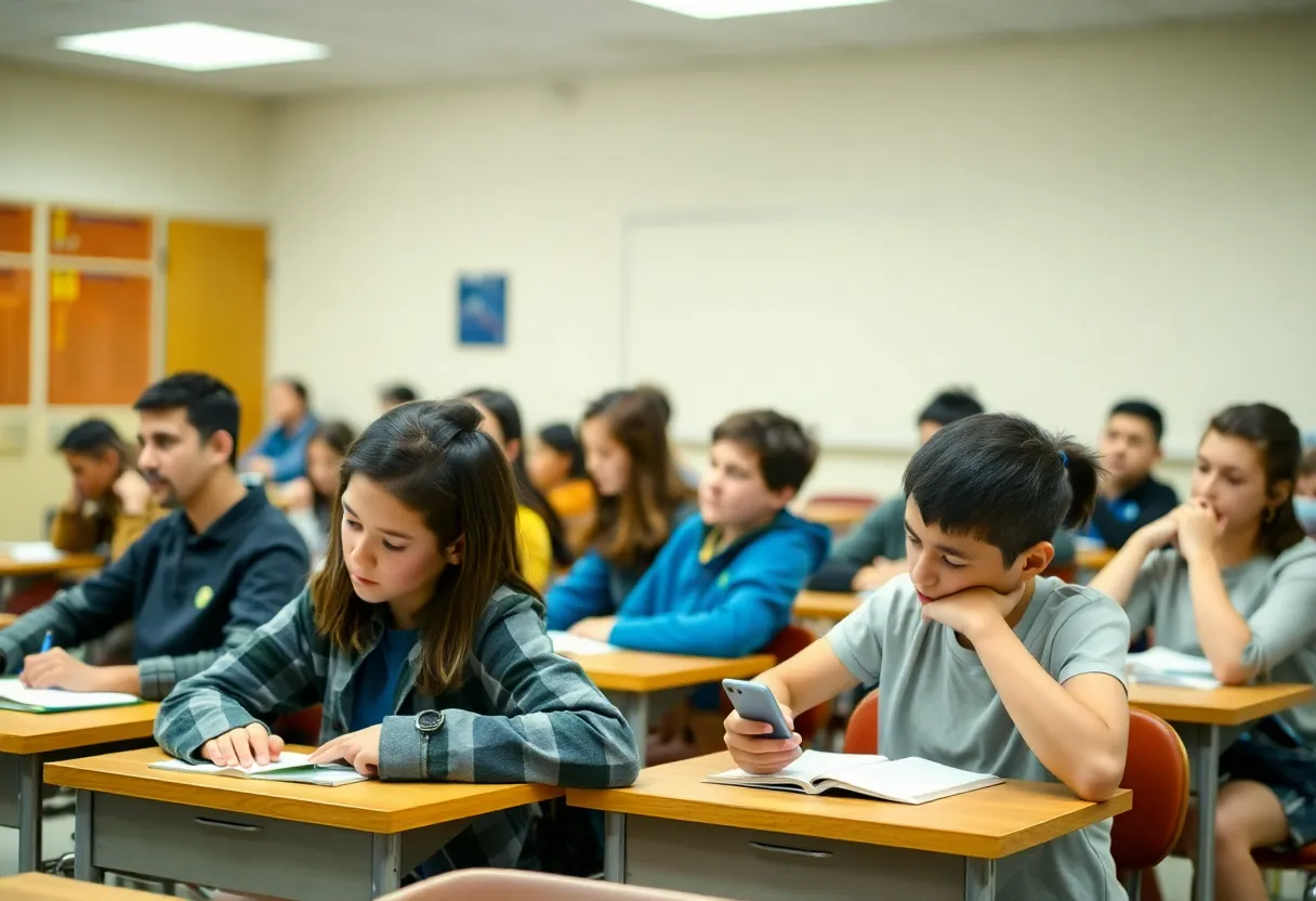 Students in a classroom focused on learning without cell phones.