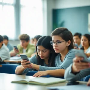 Students in a classroom focused on learning without cell phones