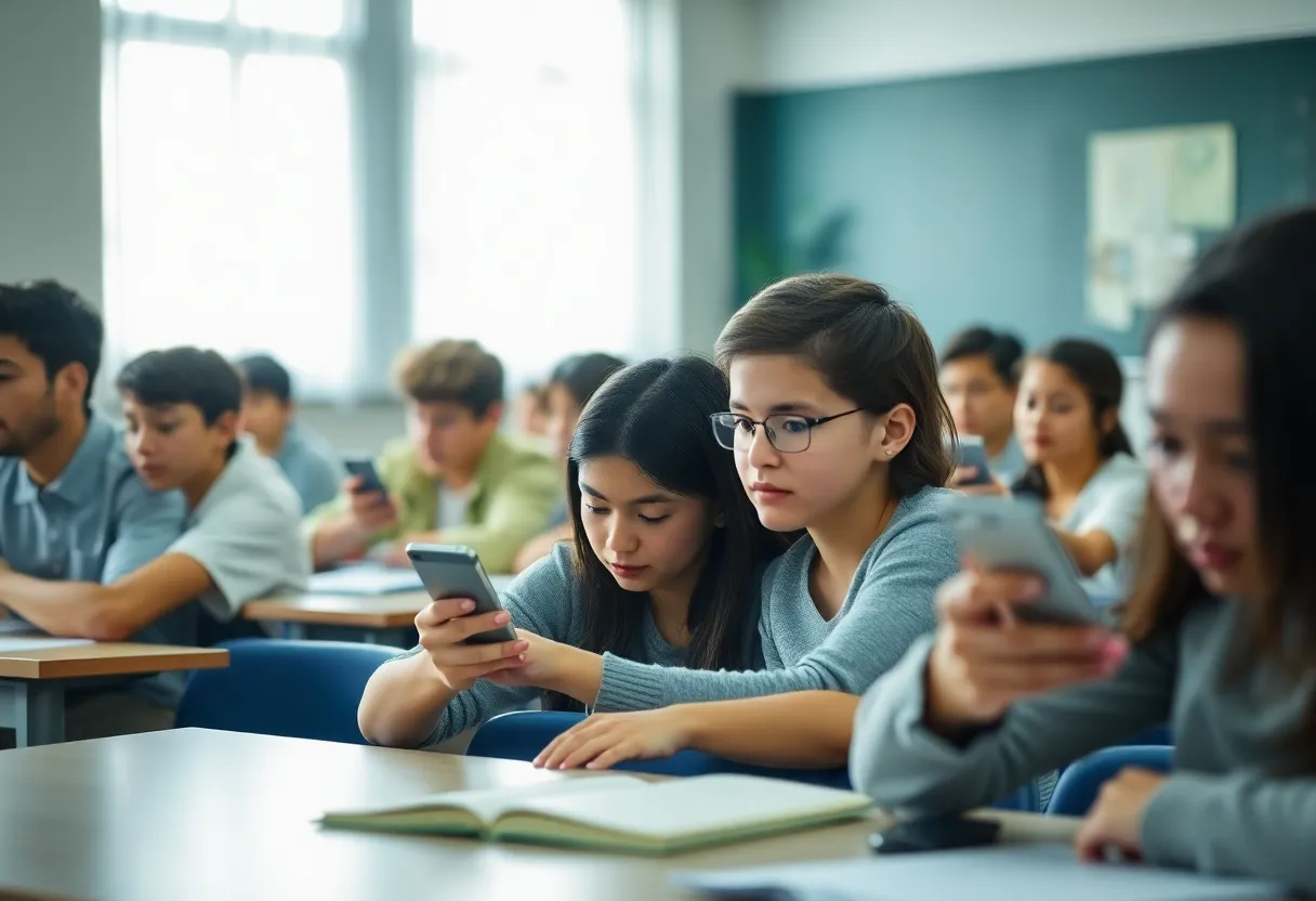Students in a classroom focused on learning without cell phones