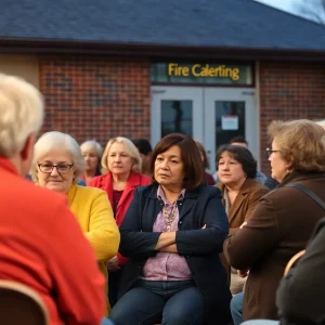 Residents discussing fire service fees at a community meeting