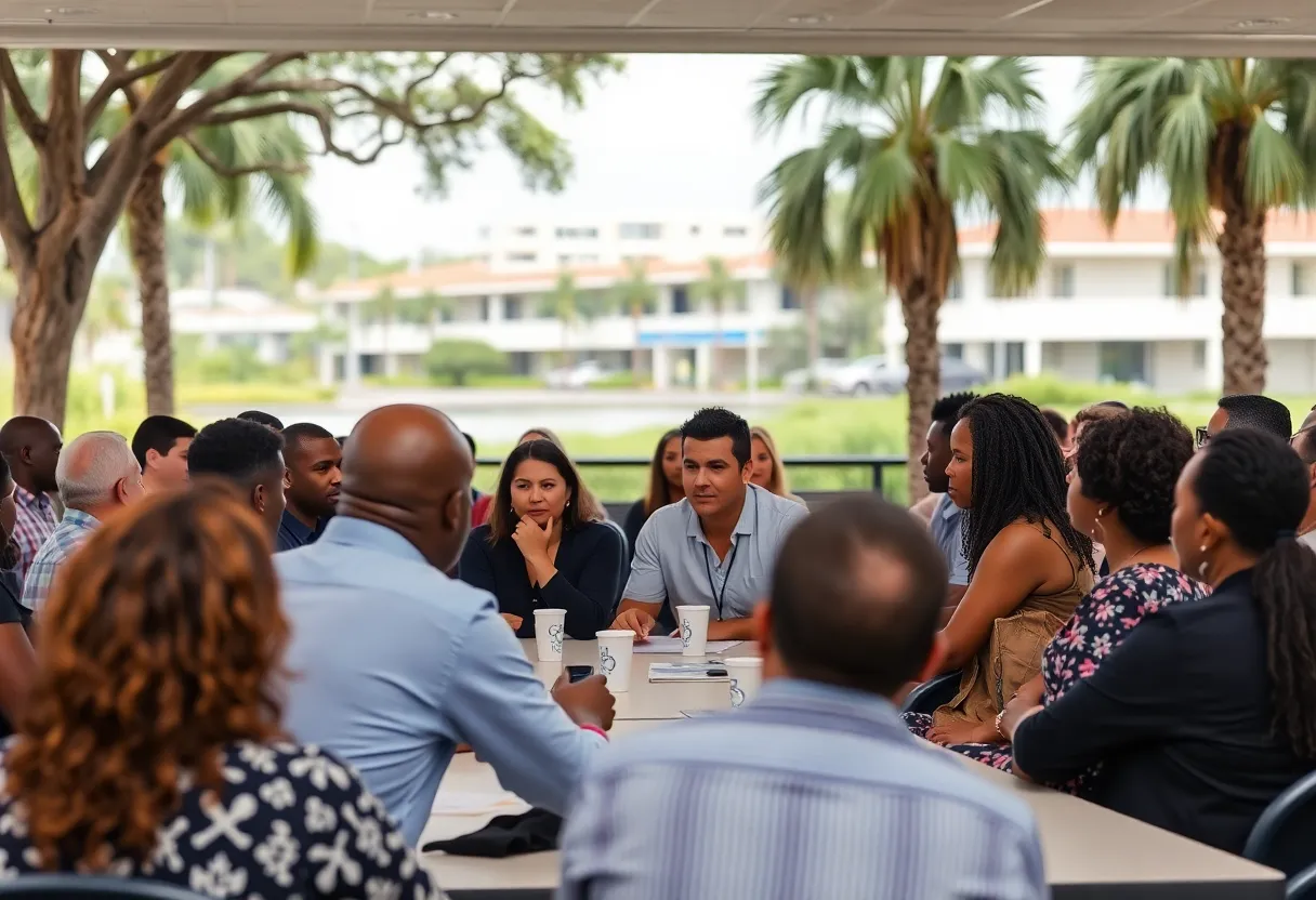 A diverse group of people in a community meeting discussing juvenile justice.