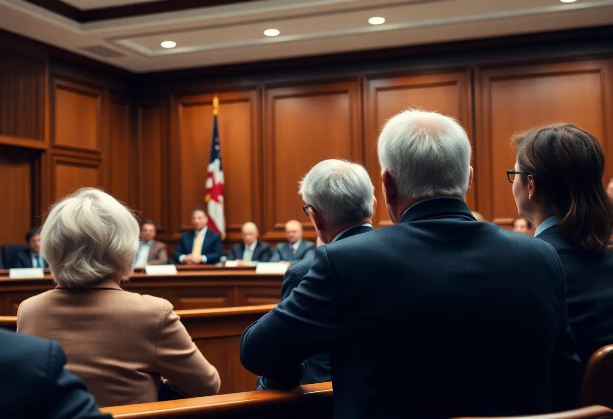 Courtroom setting representing age discrimination lawsuit