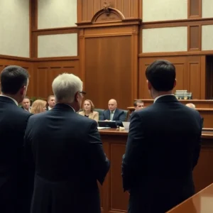 A courtroom filled with jurors and lawyers during a murder trial