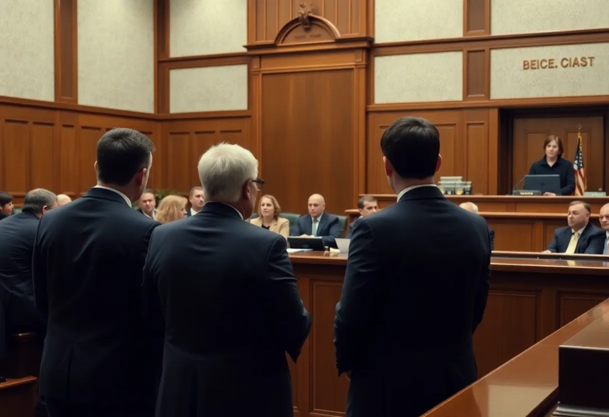 A courtroom filled with jurors and lawyers during a murder trial