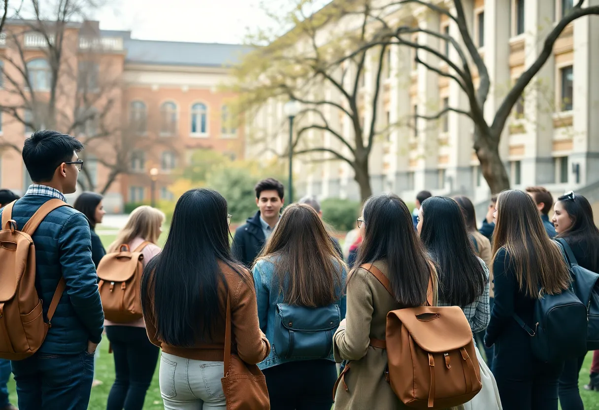 Students discussing university leadership issues on campus