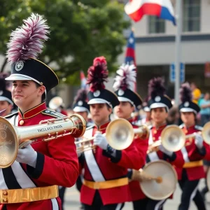 Marching band performing at an event with musicians in uniforms