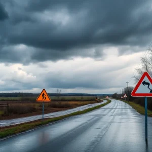 Flooded road with storm clouds above