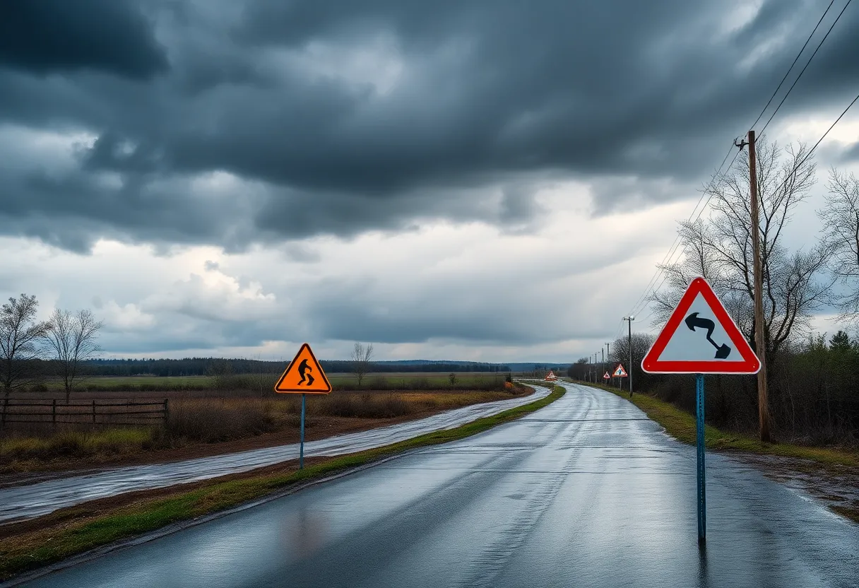 Flooded road with storm clouds above