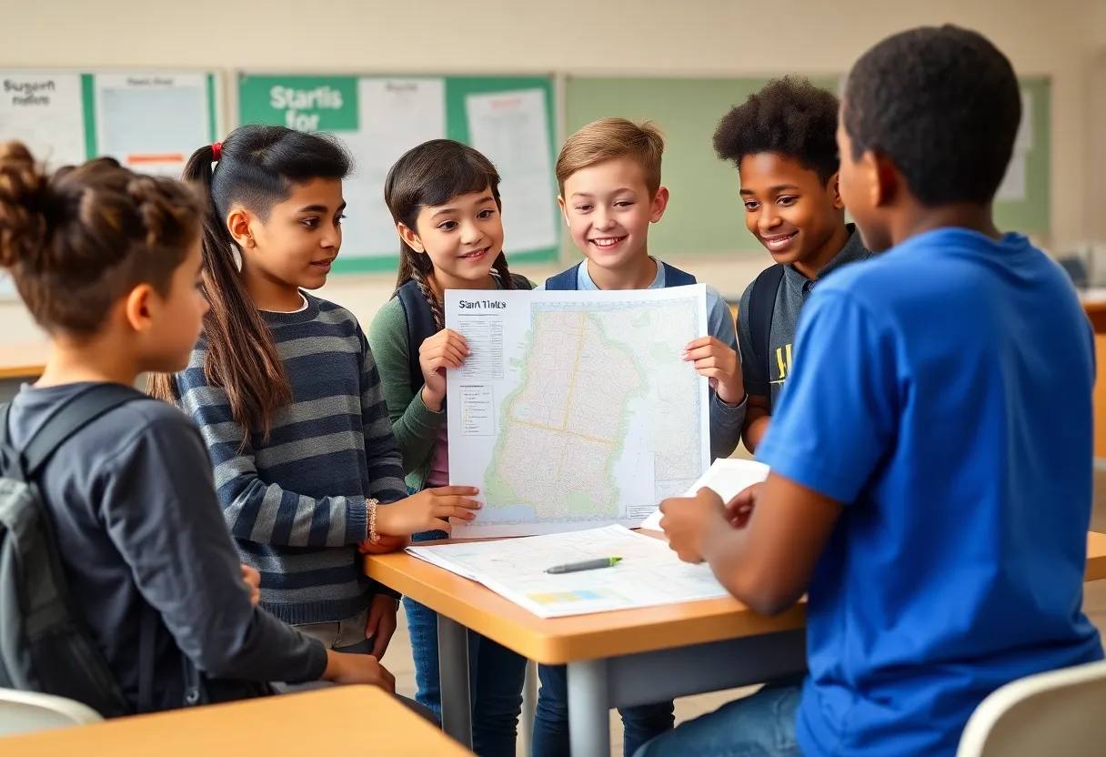 Students discussing school start times in a classroom
