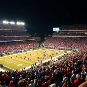 A vibrant college football stadium at night packed with enthusiastic fans.