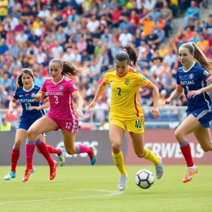 Players from the FSU women's soccer team competing in a match