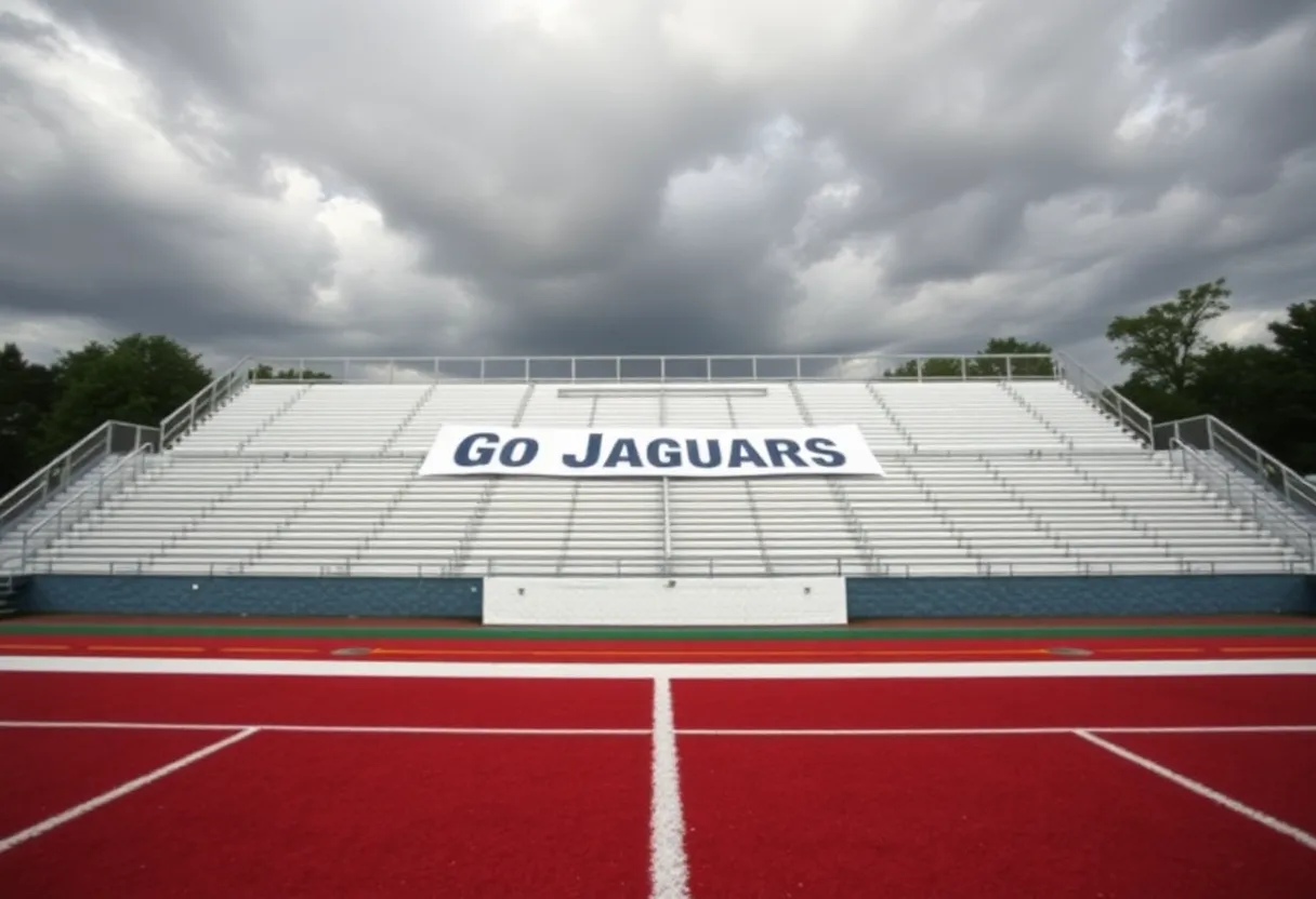 Empty football field at Gadsden County High School with 'Go Jaguars' banner