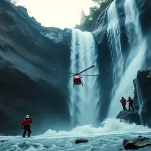 Helicopter Rescue Behind Waterfall