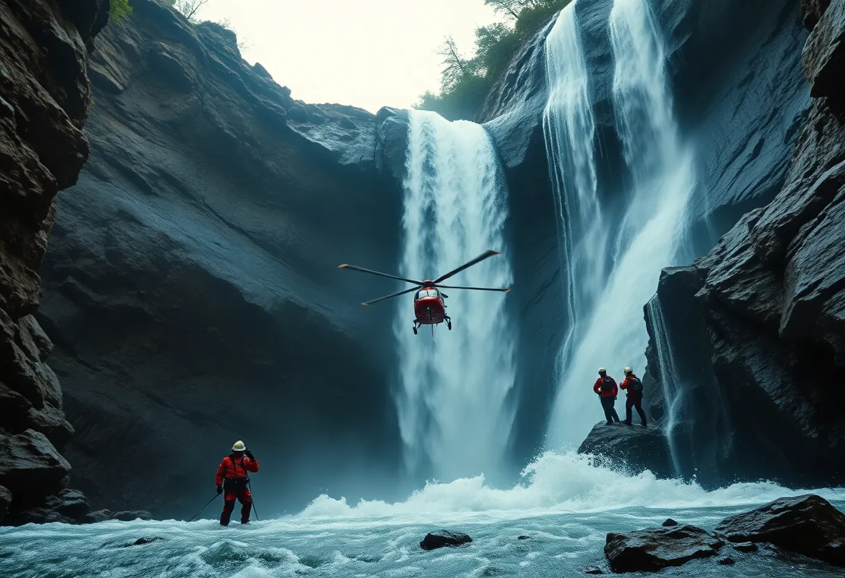 Helicopter Rescue Behind Waterfall