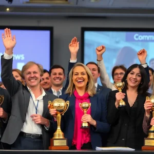 Journalists celebrating their awards at a ceremony.
