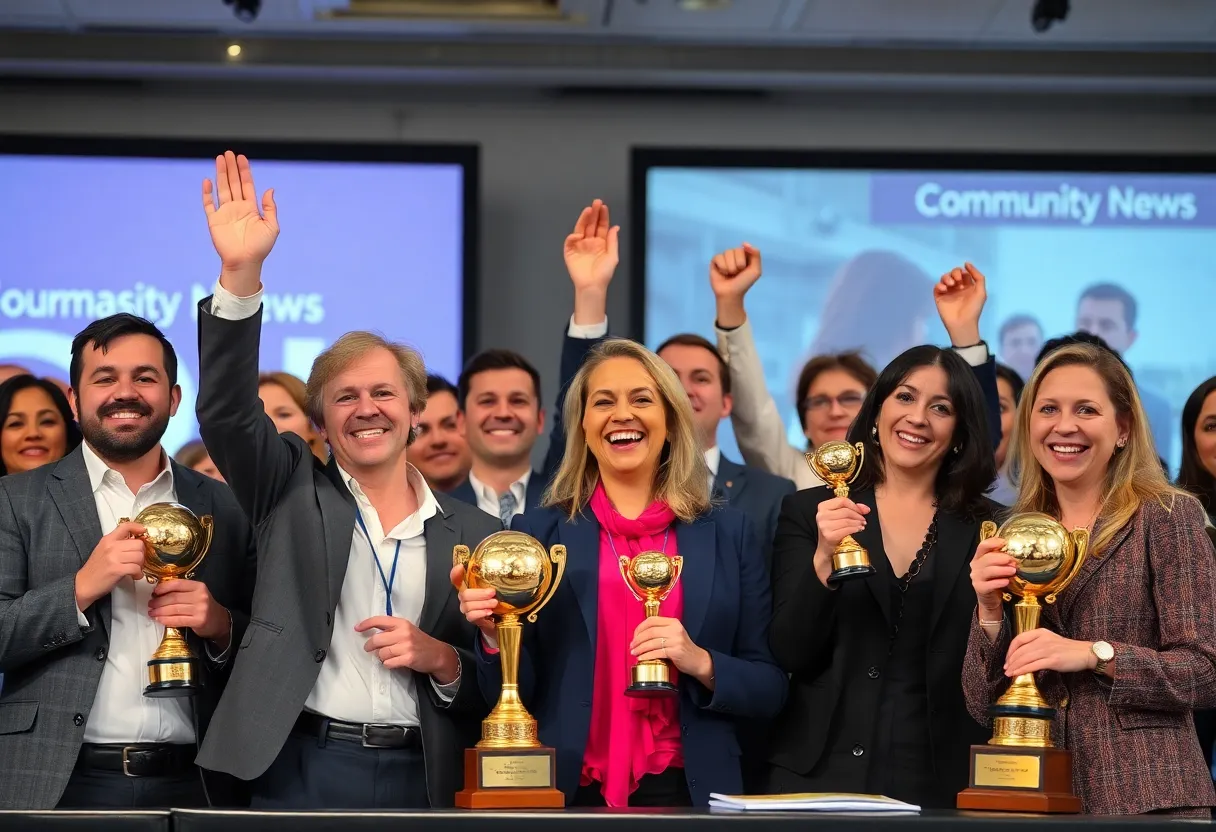 Journalists celebrating their awards at a ceremony.