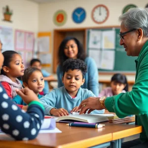 A classroom with students learning