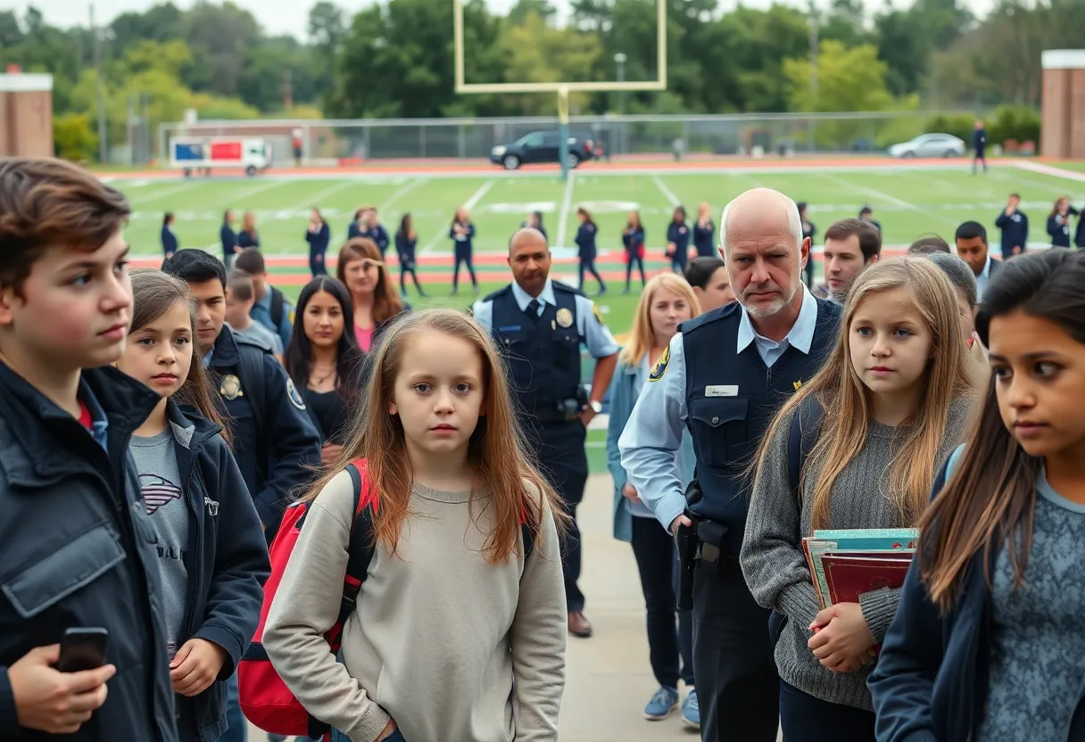 Students and parents at Leon County School campus looking concerned about safety.
