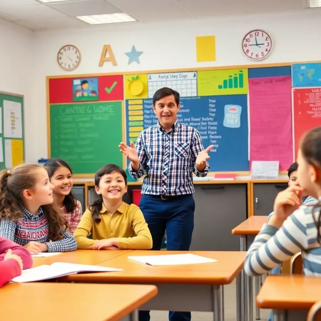 A passionate teacher inspiring students in a classroom