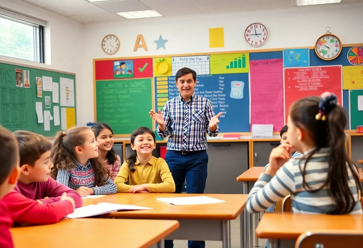 A passionate teacher inspiring students in a classroom