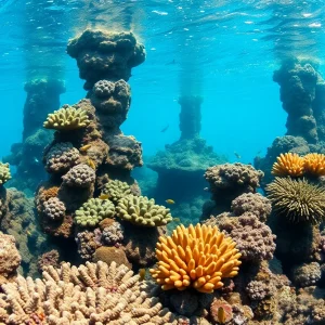 Underwater view of memorial reef structures with marine life