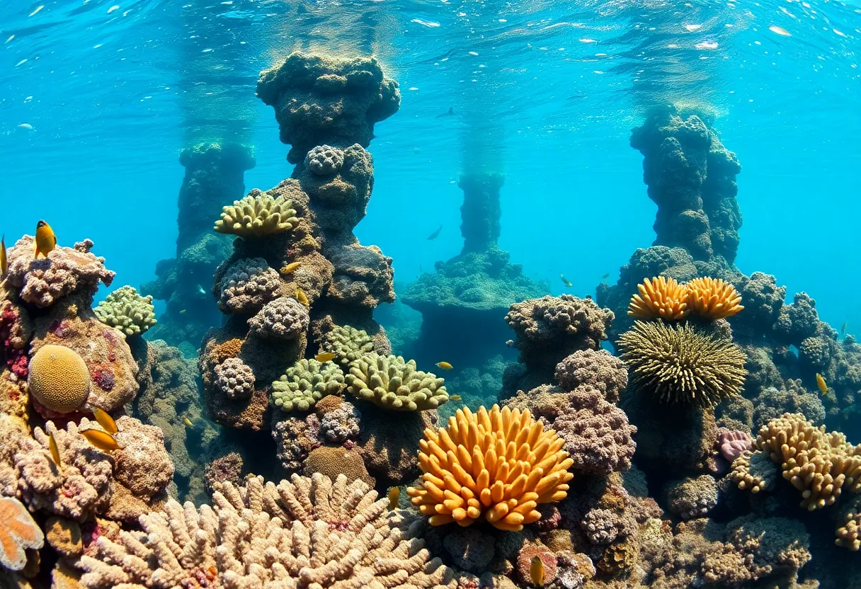 Underwater view of memorial reef structures with marine life