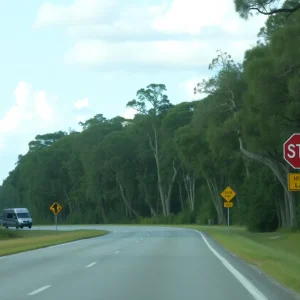 Traffic safety sign on a rural road in Miccosukee, Florida.